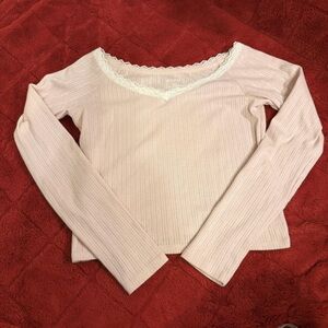 Hollister Blush Pink V-Neck Sweater with Lace Trim